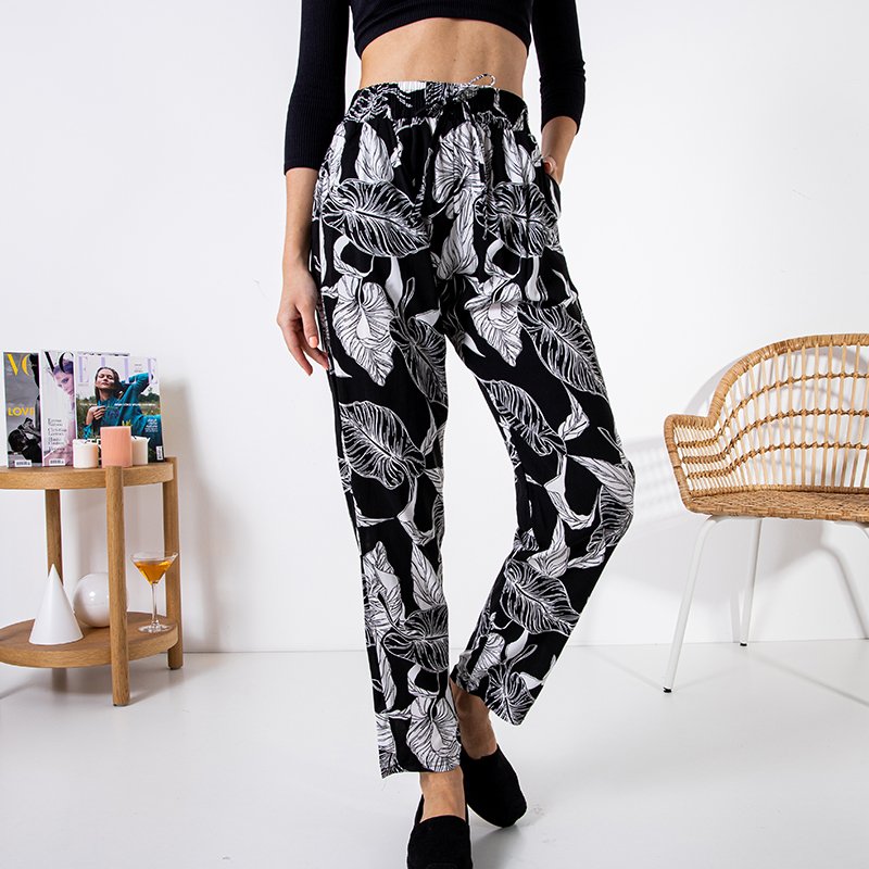 Pantalon femme noir a motif floral Vetements Noir Blanc royal fashion magasin de chaussures en ligne