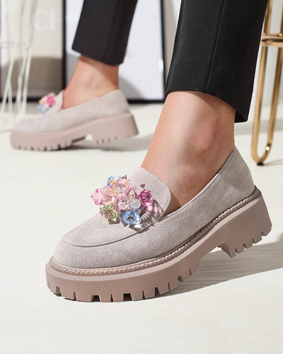 Mocassins gris clair pour femmes avec perles colorées Hetika - Footwear