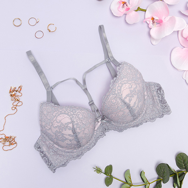 Soutien-gorge à bretelles en dentelle grise et rose - Sous-vêtements