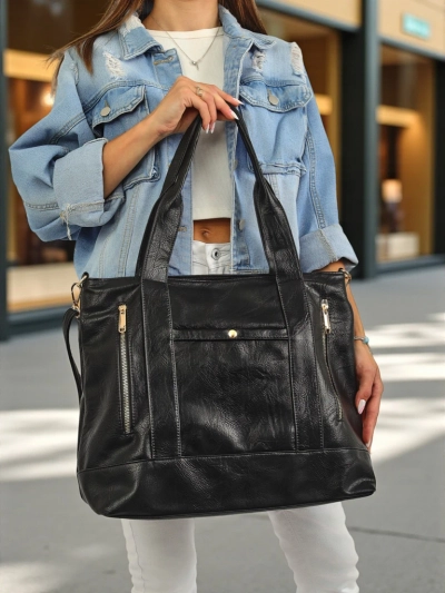 Sac à main pour femmes en cuir écologique Nerina – shopper italien noir avec fermeture éclair