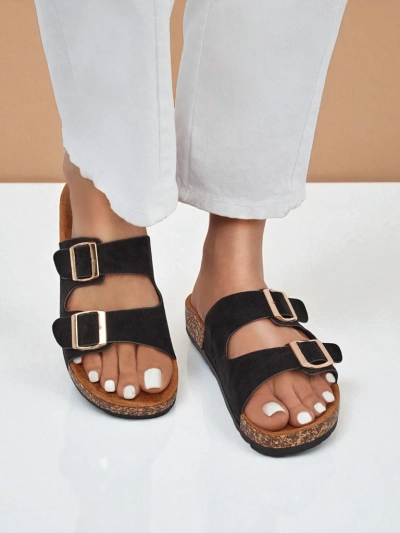 Claquettes pour femmes Letitia noires, en daim, talon plat, design italien