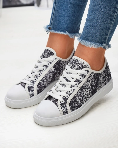 Tennis pour femmes noires et blanches avec imprimé Denoll- Footwear