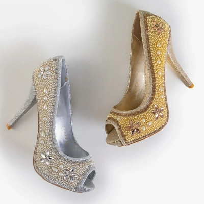 OUTLET Escarpins femme en brocart or avec zircons et perles Gitana - Chaussures