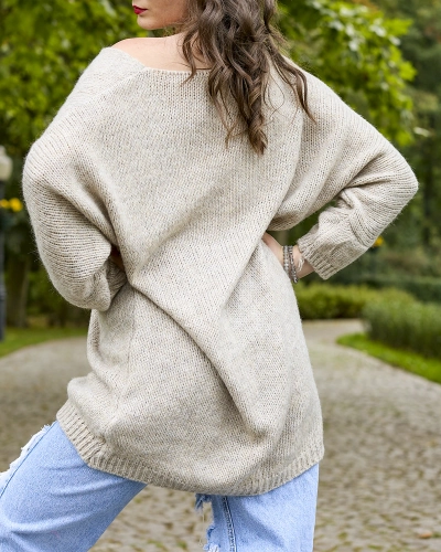Royalfashion Pull long oversize pour femme beige gris