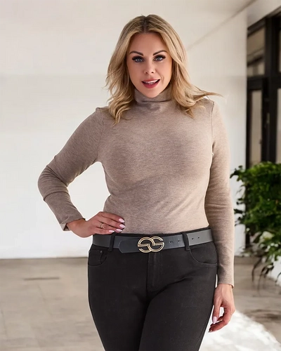 Pull à demi col roulé pour femme en marron clair- Vêtements