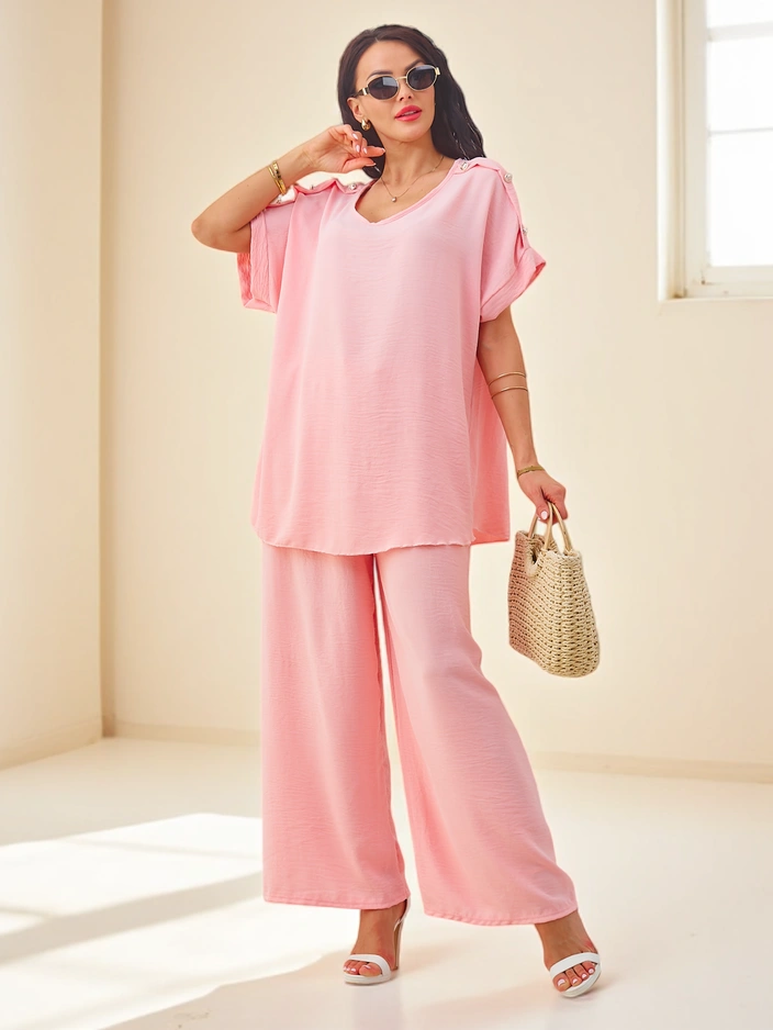 Royalfashion Ensemble en coton pour femmes avec des manches courtes et un pantalon large