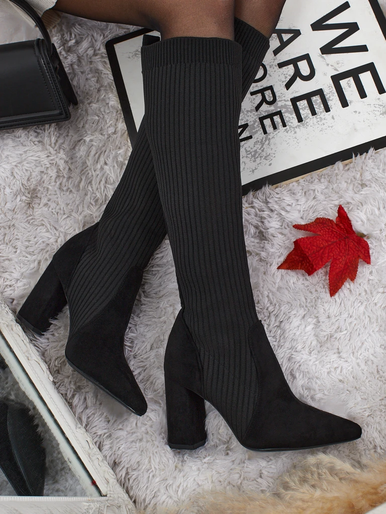 Kozaki Damskie z prążkowaną tkaniną na słupku Isolen