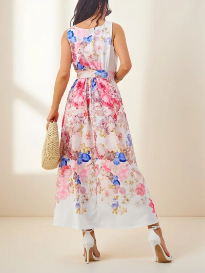 Robe midi en viscose pour femmes de Royalfashion avec des bretelles, avec une ceinture à fleurs variées
