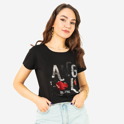 T-shirt femme noir inscription sequins - Vêtements
