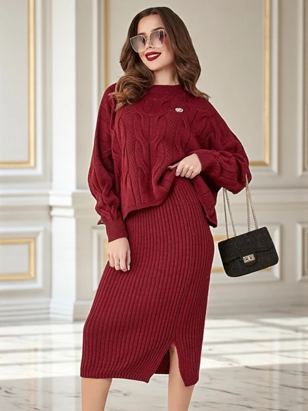 Royalfashion Ensemble de femmes tressé en acrylique avec pull et jupe Warm&Fuzzy