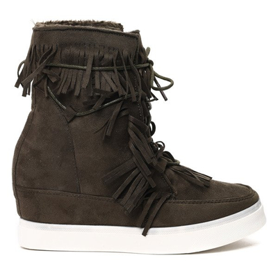 Ciemnozielone sneakersy z frędzlami na krytym koturnie Kennedy - Obuwie