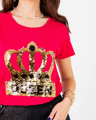 T-Shirt Femme Fuchsia avec Couronne et Paillettes - Vêtements