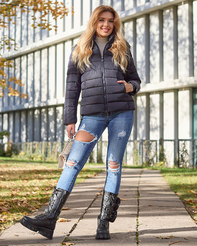 Veste matelassée pour femme bleu marine avec capuche et fourrure- Vêtements