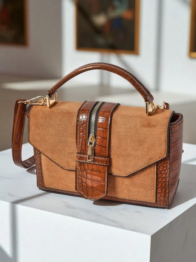 Sac à main Callista pour femmes en cuir écologique suédé et cuir verni, marron