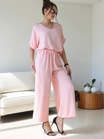 Ensemble décontracté Royalfashion pour femmes avec blouse à manches courtes et pantalon large