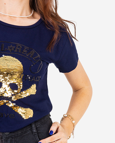 T-shirt femme bleu marine avec sequins et inscriptions - Vêtements