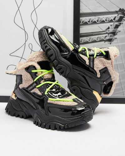Chaussures de sport noires pour femmes avec fourrure et lacets jaune fluo Adbo- Footwear