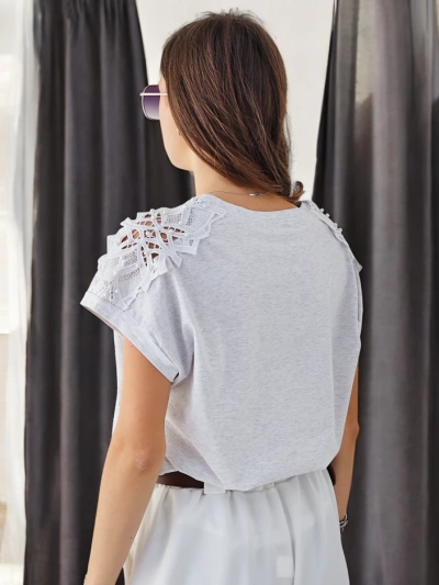 T-shirt en coton pour femme Royalfashion avec manches en dentelle