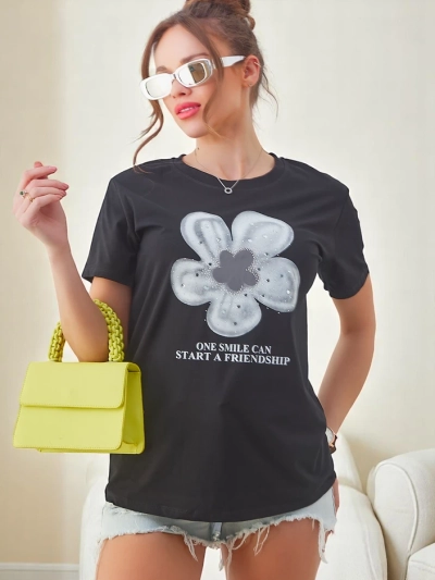 T-shirt en coton pour femmes Royalfashion avec fleur