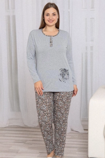 Royalfashion Pijamas gris femme 2 pièces motif léopard GRANDE TAILLE