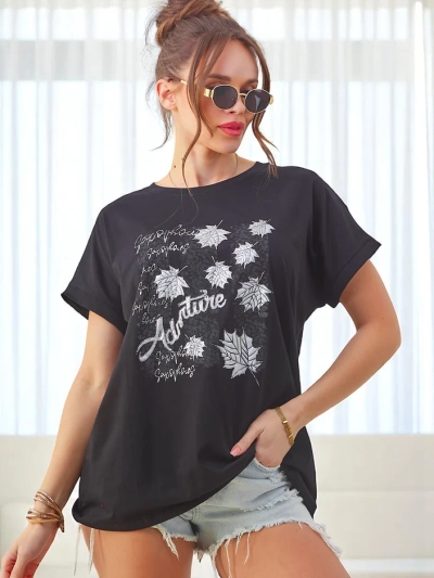 Royalfashion T-shirt en coton pour femmes avec imprimé feuilles