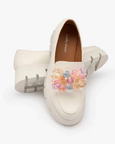 Royalfashion Mocassins pour femmes blancs avec cristaux colorés Crystal Glam
