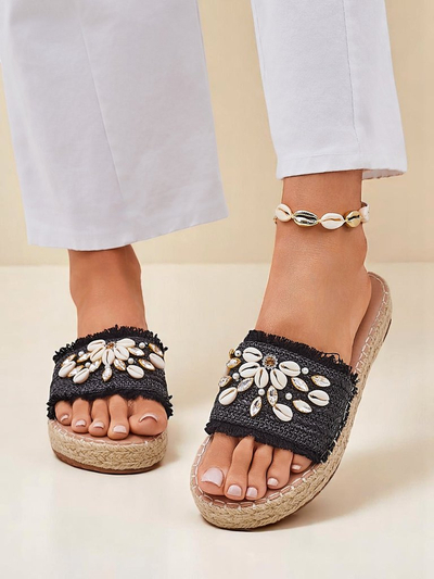 Sandales pour femmes Royalfashion Helena Decor espadrilles noires avec coquillages