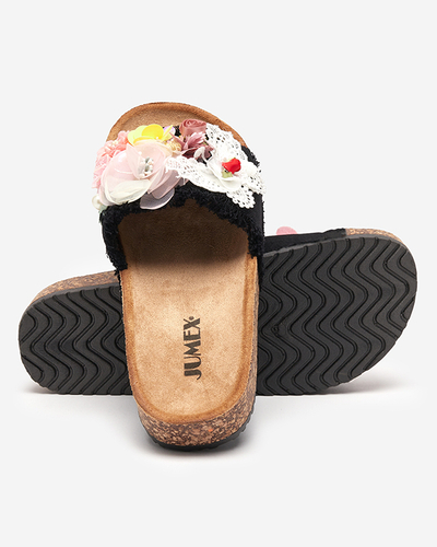 Pantoufles pour femmes avec fleurs en tissu en noir Ososi- Footwear
