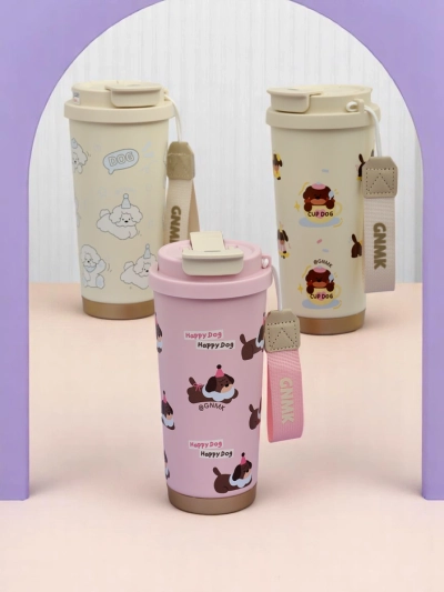 Royalfashion Mug thermique avec un panier, une paille et un bec Happy Dog
