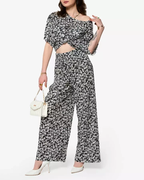 Ensemble plissé floral noir pour femme - Vêtements