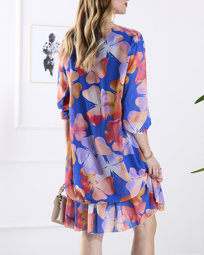Robe femme bleu marine, longueur genoux, avec imprimé et volant - Vêtements