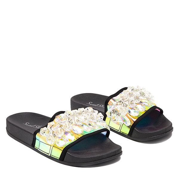 OUTLET Pantoufles en caoutchouc pour femmes noires avec cristaux Omisa - Chaussures