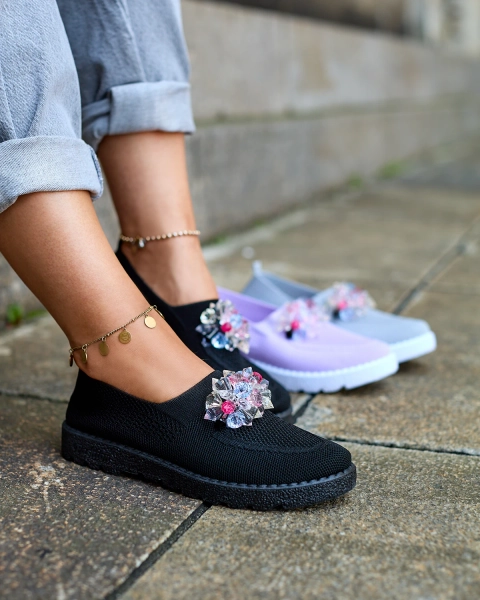 Royalfashion Mocassins en tissu noir pour femme avec cristaux Fezens