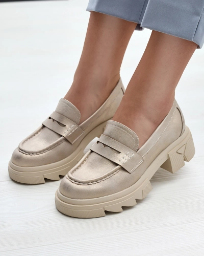 Mocassins en cuir écologique doré pour femme Sepop- Footwear