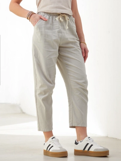 Pantalons droits en coton Royalfashion pour femmes avec un lien à la taille