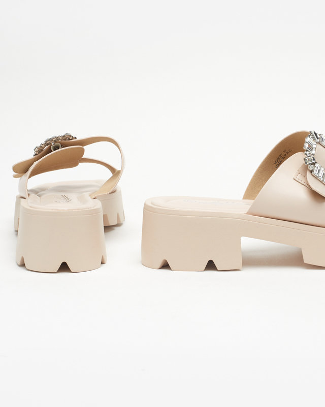 Babouches beiges pour dames avec ornements en zircon Sadoh- Footwear