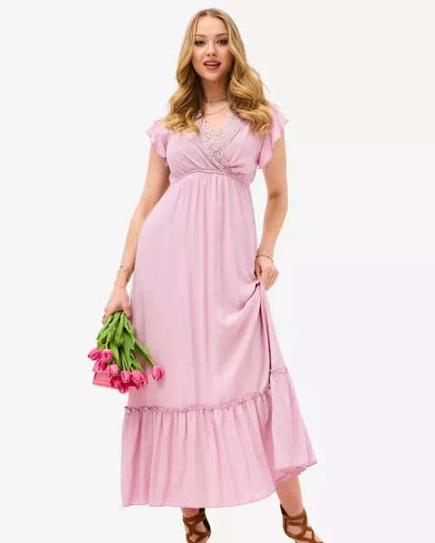 Robe longue rose pour femme avec dentelle - Vêtements