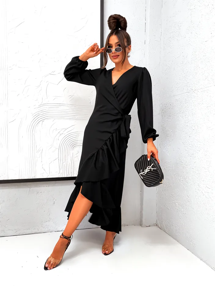 Royalfashion Robe midi féminine à volants avec liens