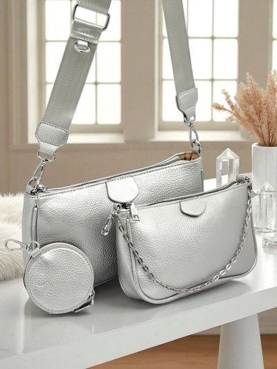 Aurelia Multi Silver – Sac à main pour femmes 3en1 en cuir écologique avec pochette ronde
