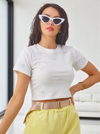 Top court en coton pour femmes Royalfashion avec des strass en forme de nœud