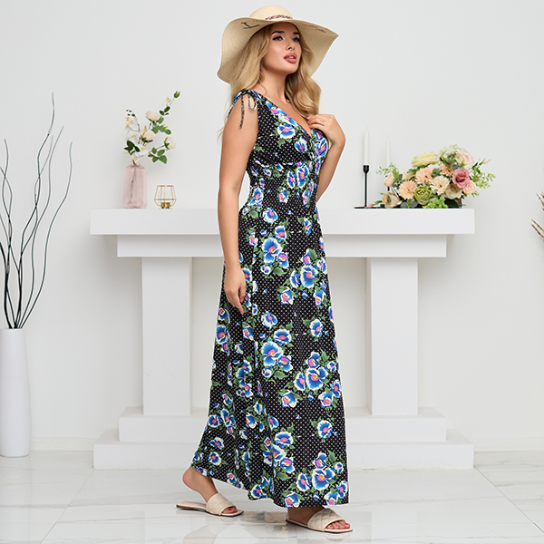 Robe longue femme noire à fleurs bleues - Vêtements