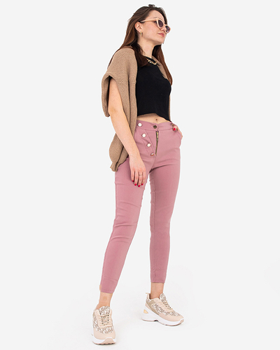 Pantalon femme en tissu rose avec boutons décoratifs - Vêtements