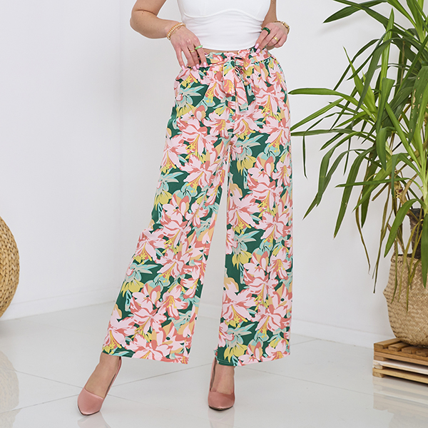 Pantalon palazzo vert à fleurs roses pour femme - Vêtements