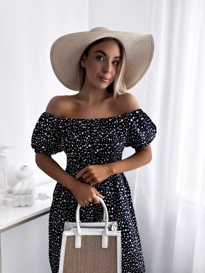 Robe longue à pois pour femme bleu marine- Vêtements