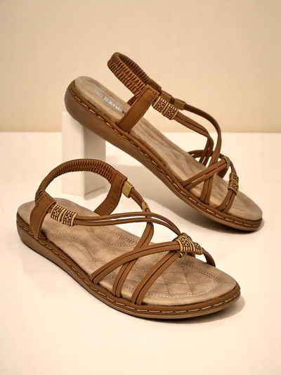 Sandales pour femmes Royalfashion Cressida camel plates confort cuir écologique été