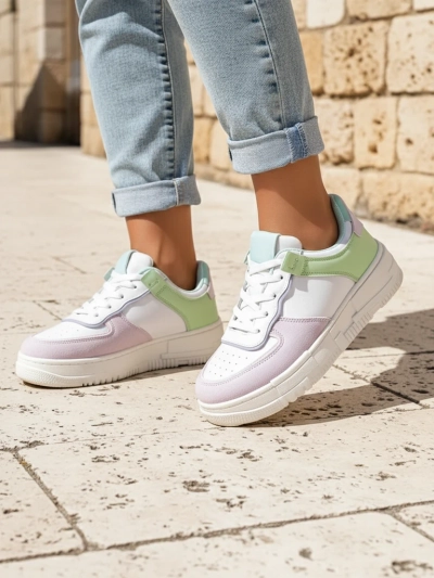 Sneakers pour femmes Lycaste beiges en cuir écologique à semelle plate