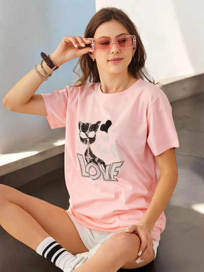 Royalfashion T-shirt en coton pour femmes Cat Love