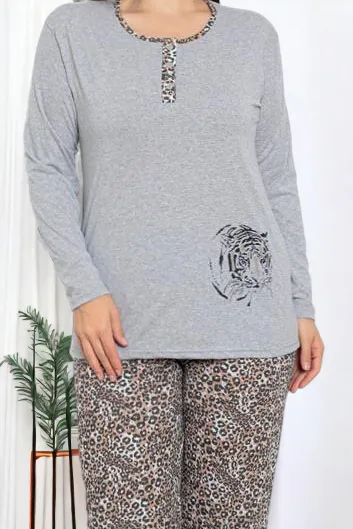 Royalfashion Pijamas gris femme 2 pièces motif léopard GRANDE TAILLE