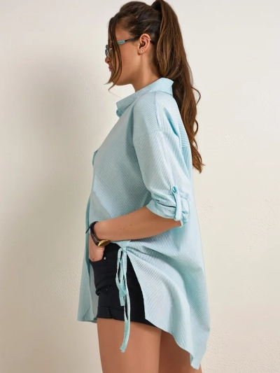Chemise rayée en coton pour femmes Royalfashion, plus longue avec un lien à la taille
