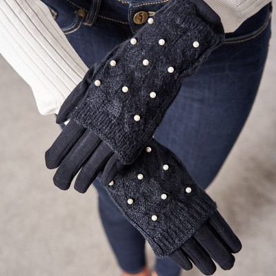 Mitaines femme bleu marine avec perles - Gants